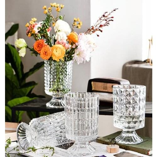 Vintage embossed light luxury crystal glass transparent French tall large vase fresh flower arrangement water flower lily