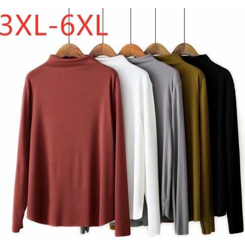 New Ladies Autumn Winter Plus Size Basic Tops For Women Large Long Sleeve Turtleneck Elastic White Thin T-shirt 3XL 4XL 5XL 6XL