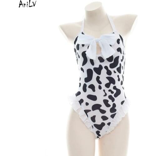 AniLV Cute Girl Cows Halter Backless Bodysuit Swimsuit Costume Beach Chest Bow Ruffle One-piece Swimwear Uniform Set Cosplay