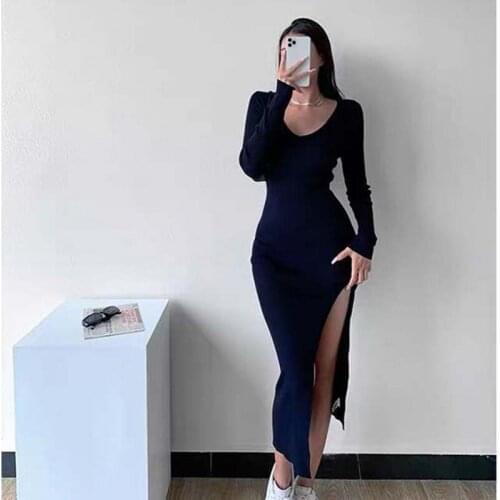 Sexy Knitted Dress Female Autumn And Winter New V-neck Long-sleeved Stretch Tight-fitting Hip Dress With Slits Ins Fashion