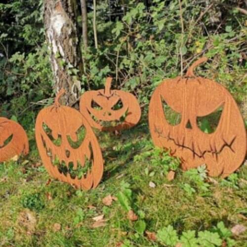 2021 Halloween Garden Stake Exquisite Pumpkin Shape Metal Funny Faces Vegetable Miniature Art Yard Sign for Lawn Outdoor Decor