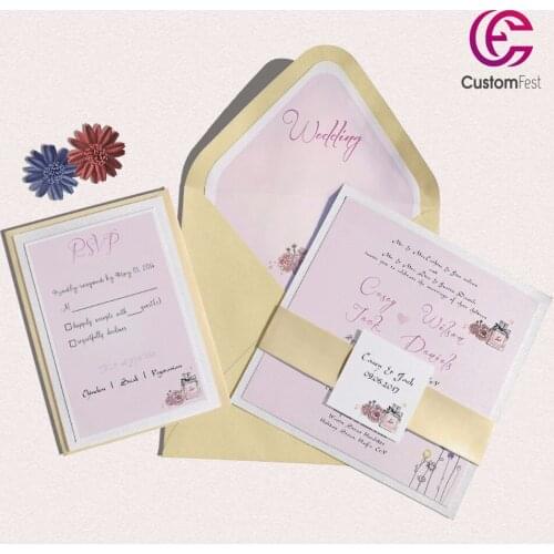30pcs/lot perfume young lady with personalized liner envelop pink and gold invitation and RSVP set L202S030