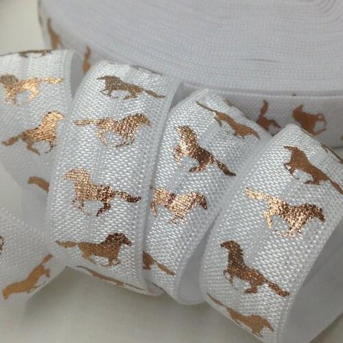 5 Yards 5/8 White Rose Gold Horse printed Fold Over Elastic,DIY handmade Hair accessories, elastic strap trim