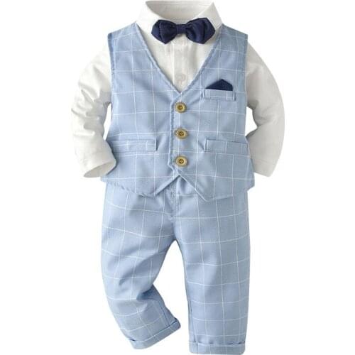 Spring Children Gentleman Plaid Clothing Set Toddler Boys Long Sleeve Shirts Vest Pants 3pcs Outfit Kids Party Birthday Costume