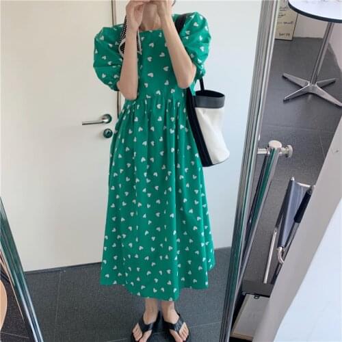 Korean floral dress 2021 summer new loose and thin small fresh green mid-length skirt