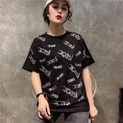 Zuolunouba Summer women cotton T shirt loose shiny fashion letters hot drilling tees tops womens clothing