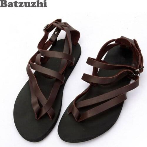 2019 Rome Men Shoes SUMMER Sandal Shoes for Men Beach Genuine Leather Sandals Black&Brown Gladiator Sandalias Mujer, Big Size 46