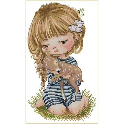 Cross Stitch Stamped Kits Printed Embroidery Cloth Needlepoint Kits Easy Patterns For Girl Holding A Fawn 11CT