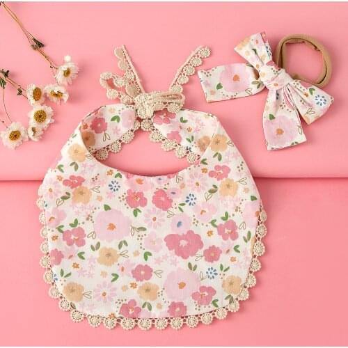 2Pcs New Baby Bibs Headband Set Flower Printed Kids Girl Bibs Burp Cloths Bow Turban Soft Cotton Infant Apron Baby Feeding Stuff