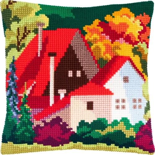 Cross Stitch Cushion Cover Autumn Landscape Needlepoint Kits Printed Canvas Chunky Yarn Cross-stitch Pillow Case Arts & Crafts