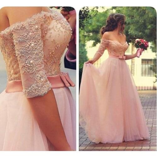 Elegant 2016 new style a-line tulle off the shoulder blush prom dresses with half sleeves lace top,cute sweet long formal dress