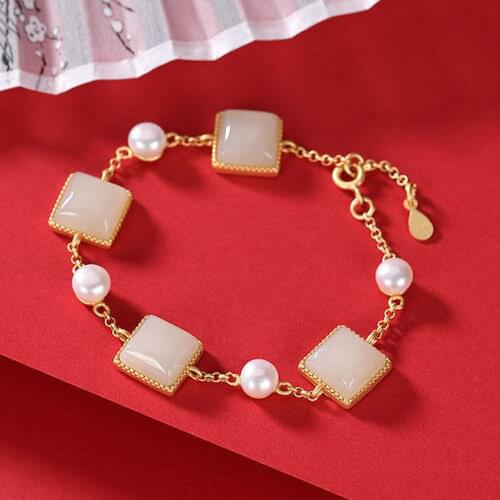 Original Design S925 Sterling Silver Gold Hetian Jade Pearl Retro Fashion and Personalized All-Matching Graceful Womens Bracele