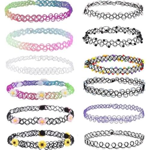 12pcs/pack Colorful Flower Bead Tattoo Rainbow Chokers Necklace Girls Women Stretch Gothic Punk Elastic Collars Jewelry