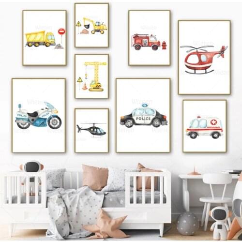 Police Ambulance Fire Truck Airplane Wall Art Canvas Painting Nordic Cartoon Poster And Print Wall Picture Baby Kids Room Decor
