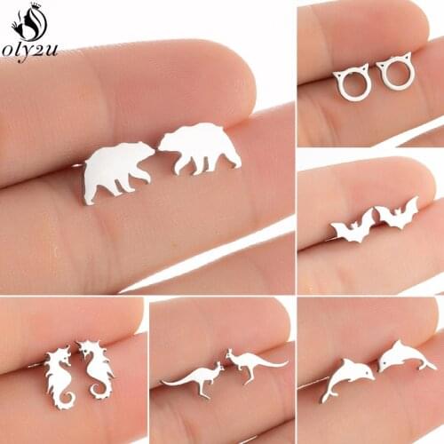 Lovely Hippocampus Dolphin Animal Earrings Children Jewlery Cute Bear Bat Kangaroo Stainless Steel Cartilage Earring Female Stud