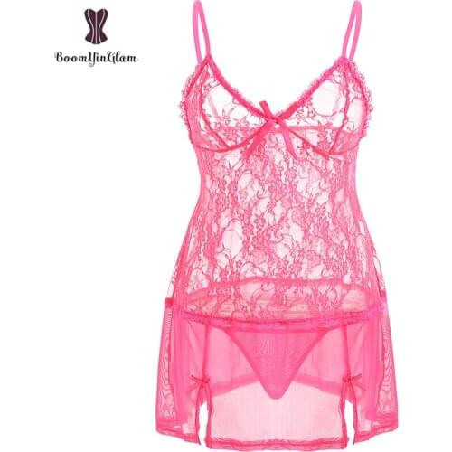 Removable Strap Floral Lace Dress Erotic Night Wear Costume Transparent Sexy Lingerie With Thong