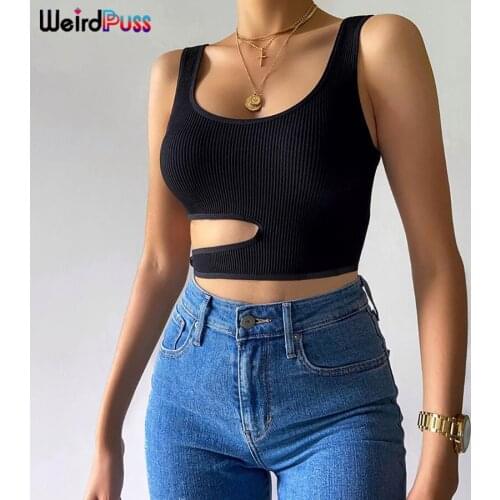 Weird Puss Side Slit Circle Chic Ribbed Women Tank Tops Stretchy Sleeveless Skinny Vest Hollow Sexy Asymmetry Hot Street Outfits