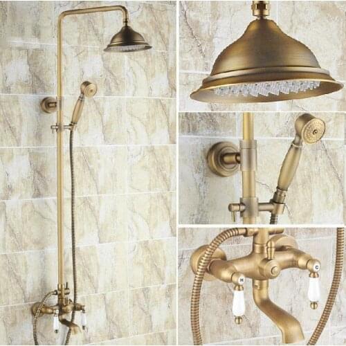 Vintage Retro Antique Brass Dual Ceramic Handles Bathroom 8 Inch Round Rain Shower Faucet Set Tub Mixer Tap Hand Shower mrs143