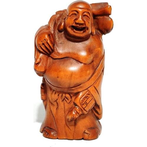Y7029 : 2" Good Quality Hand Carved Boxwood Netsuke : Buddha with Bag