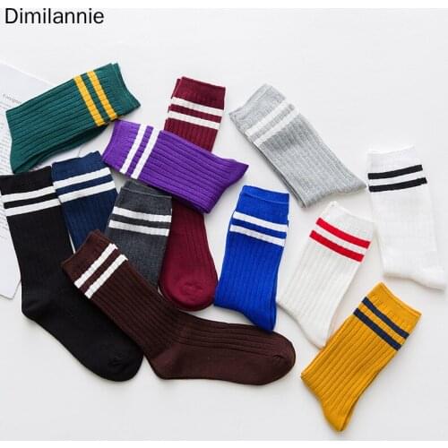 Funny Cute Japanese High School Girls Cotton Loose Striped Crew Socks Colorful Women Sox Harajuku Designer Retro Yellow White