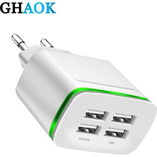 GHAOK USB Charger for iPhone Samsung Android 5V 4A 4-Ports Mobile Phone Universal Fast Charge LED Light Wall Adapter