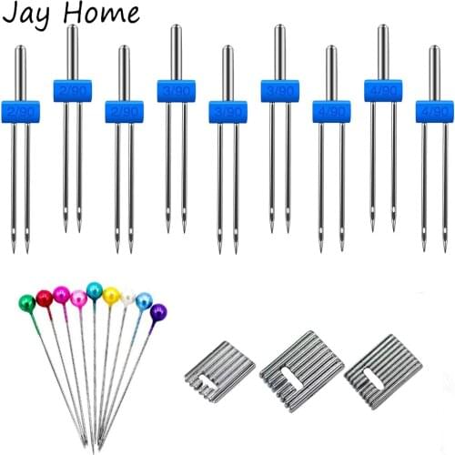 9PCS Sewing Machine Double Twin Needles with 3Pcs Groove Pintuck Presser Foot & Sewing Pins for DIY Household Sewing Machine