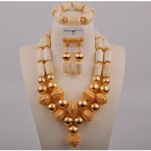 African Beads Gold Color Beades White Coral Jewelry Sets For Women Accessories Wedding Bridal Necklace Earrings Bracelet Set