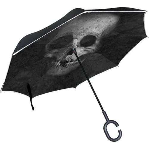 Black Skull Printed Reverse Umbrella Windproof Double Layer Inverted Chuva Umbrella Self Stand Rain Protection C-Hook Hands