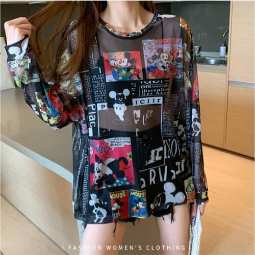Disney Anime Mickey Minnie Mouse Brand Mesh Tshirt Ladies Sun Protection Transparent Long Sleeve Blouse Women T-shirt Summer