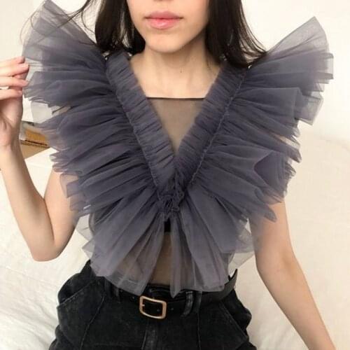 Fantastic Stand Tulle Tops Women Crop Top Blouse Dark Gray Mesh Tulle Blouse Women