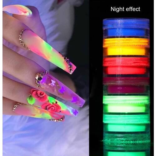12/6 Boxes Neon Phosphor Pigment Nail Powder Set Fluorescent Nail Glitter Eye Powder Decoration Nail Art Dust Pigment 1 Box