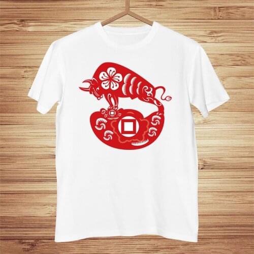 Chinese year of the ox paper-cut window grill style Short sleeve tee Women tee shirt Summer T-shirt cotton graphic t shirts