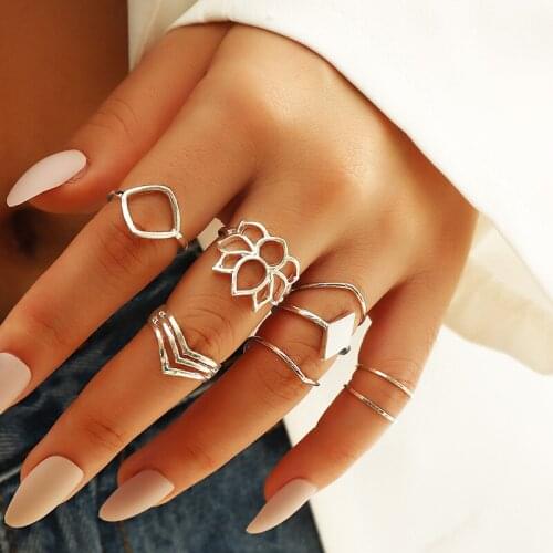 HI MAN 8 PCS/SET Bohemian Mixed Hollow Lotus Geometric Joint Ring Set Women Summer Beach Party Jewelry Friendship Gift