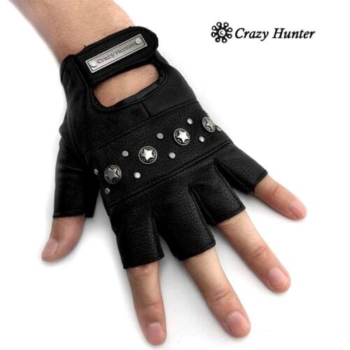 Mens Sheep Leather Fingerless Studded Biker Punk Sport Traning Gloves