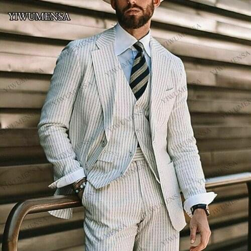 YIWUMENSA Men White With Black Stripes Suit Wedding Banquet Dinner 3 Pieces (Coat+Vest+Pants) Custom Made Costume Noel Homme