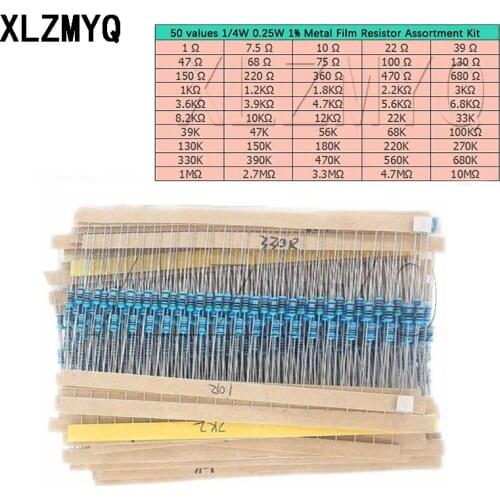 500pcs 1/4W 50 Values 1% Metal Film Resistor Kit ,0.25W Set of Resistors Pack Electronic Resistance Set Box 1ohm-10Mohm Resistor