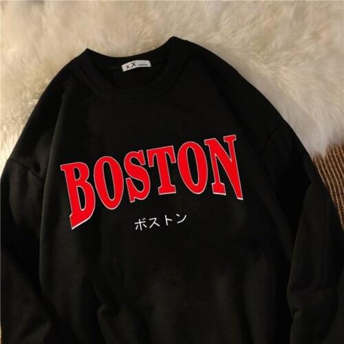 New sweater velvet winter womens Boston letter printed hooded women 2021 cotton thick warm hoodie ladies autumn tops