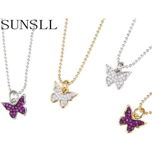 SUNSLL New arrival gold copper necklace white/red cubic zircon butterfly necklace for girls fashion jewelry pendant chain gifts