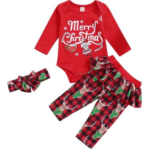Infant Baby Girls Christmas Clothes 3Pcs Set, Red Printed Pattern Romper, Pants and Bow Knot Headdress Spring Autumn
