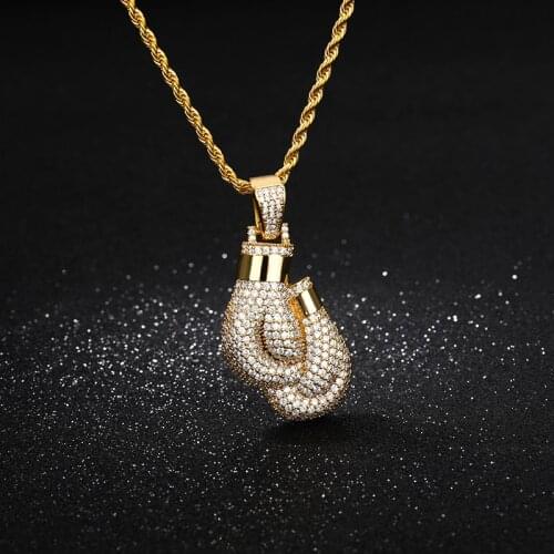 Bling Boxing Gloves Pendant Necklace For Women Men Charm Pendant Free Rope Chain Gold Color Iced Cubic Zircon Hip hop Jewelry
