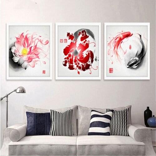 Full Square Round 5D Diy Diamond Painting Mosaic 3Pieces Koi Fish Lotus Embroidery Triptych Chinese style Home DecorationZP-3865