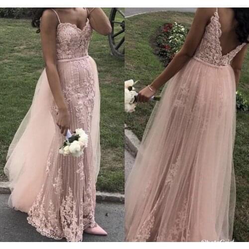 Sexy Spaghetti Straps Beaded Backless Mermaid Evening Dresses 2020 Formal Dress Party Gowns with Tulle Train Robe De Soiree