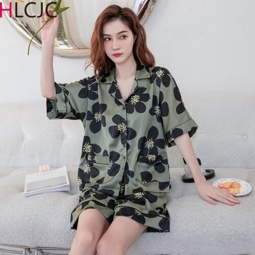 Flower Printing Silk Pajamas Set Women Summer Short-sleeved Two-piece Set Satin Sleepwear Home Service Underwear Pyjama Femme