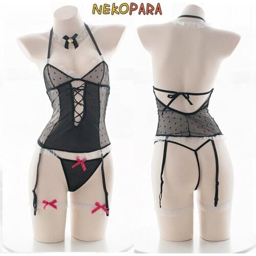 Sexy Cute Neko Maid Black Cat Womens Lingerie Set Red Bows Transparent Dots Mesh Bodysuits Exotic Apparel