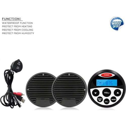 Waterproof Marine Radio Bluetooth Boat Stereo Audio AM FM Media Receiver Car MP3 Player+3Inch Marine Speakers+Marine USB Cable