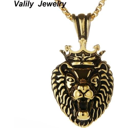 Valily Jewelry Mens Golden Lion Head Crown King pendants necklaces Stainless Steel Hip Hop Animal Charm Franco Chain Necklace