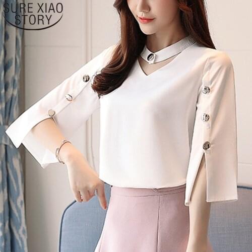 2021 Women Blouse Ladies' Tops Beading Solid White Shirt Blouse Clothes Harajuku Three Quarter V-Neck Chiffon Blouse 2994 50