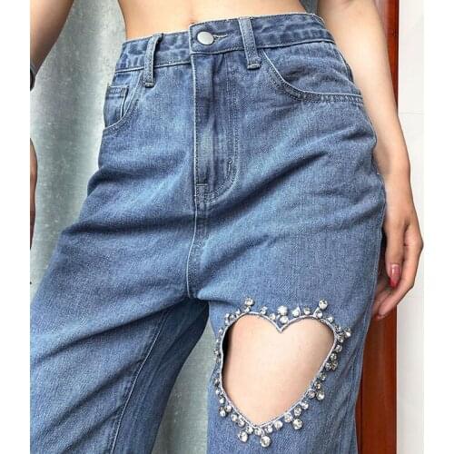 Female Mom Jeans High Waist Women Blue Heart Hole Diamond Denim Trousers Straight Leg Baggy Ripped Pants Streetwear 2021 Jeans