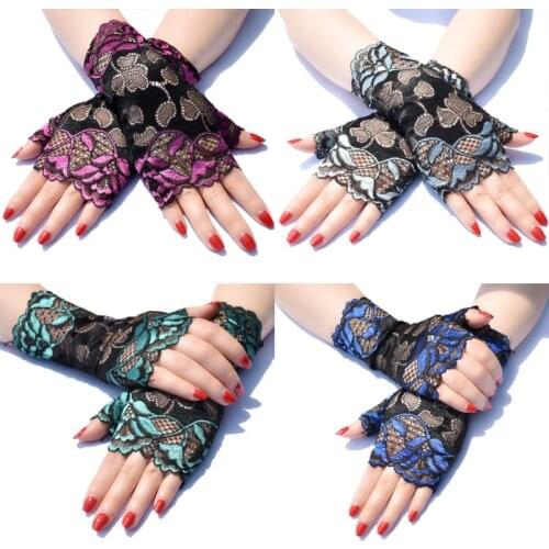 Women Summer Thin Sunscreen Fingerless Gloves Hollow Jacquard Floral Lace Contrast Color Dance Party Driving Mittens