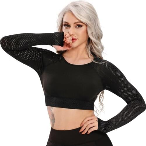 Women Yoga Top Seamless Long Sleeve Workout Tops Fitness Crop Tops Active Sportswear Sexy Solid Womens Shirts Gym Clothing 2021
